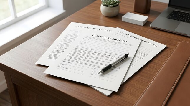 Estate Planning Documents with Healthcare Directive and Pen on Professional Office Desk for Legal and Medical Planning