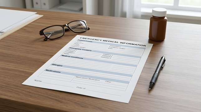 Emergency Medical Information Form with Glasses, Pen and Medication Bottle on Desk for Healthcare Preparedness