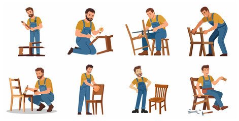 Fototapeta premium Set of male carpenter illustrations restoring an old wooden chair, handyman repairing, sanding, and painting furniture for DIY home improvement projects