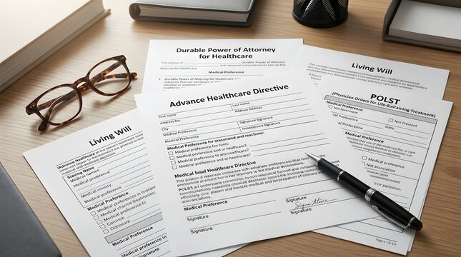 Senior Healthcare Planning Documents with Reading Glasses and Pen for Legal and Medical Preparation