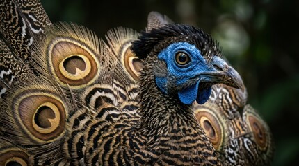 Obraz premium Close up portrait of a Great Argus pheasant displaying its intricate feather pattern.