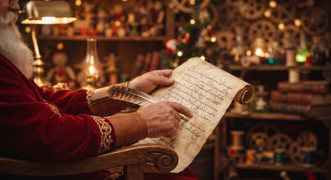 Santa Claus reading old parchment scroll with quill pen in cozy workshop with glowing warm lights and gears.