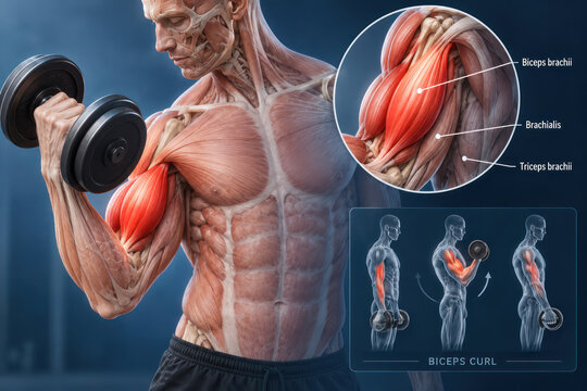 Biceps Curl Exercise Anatomy with Arm Muscles and Dumbbell Training Infographic