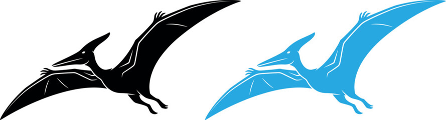 Pterodactyl vector illustration in black and blue flying through sky design element. © Ptstock