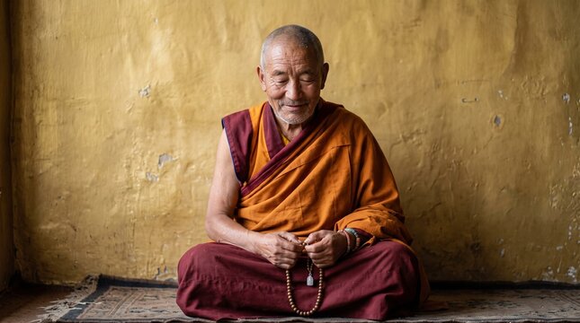 Elderly buddhist monk meditating with prayer beads inside temple