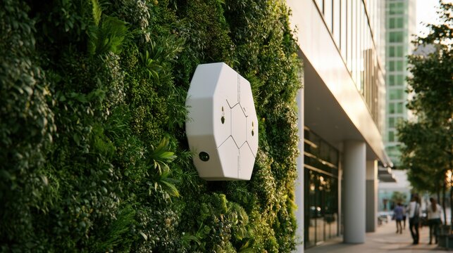 A sleek white beehive design sits on a green wall outside a modern building. IoT sensors indicate its status and activity in the urban space.