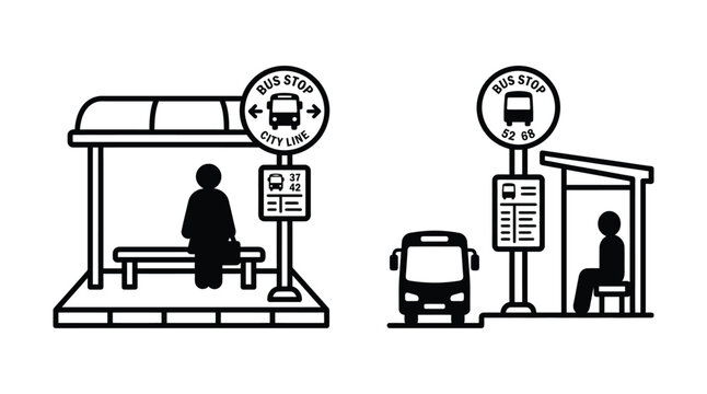 Bus stop scene with passenger and route information black line art