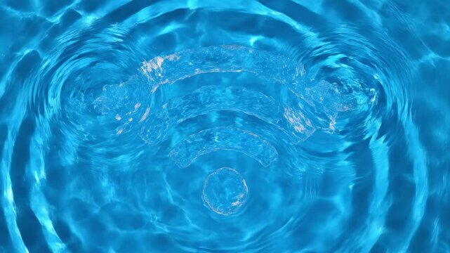 Wi-Fi symbol emerges from concentric ripples in clear blue water. Overhead perspective captures the clean, digital effect of the liquid icon forming.
