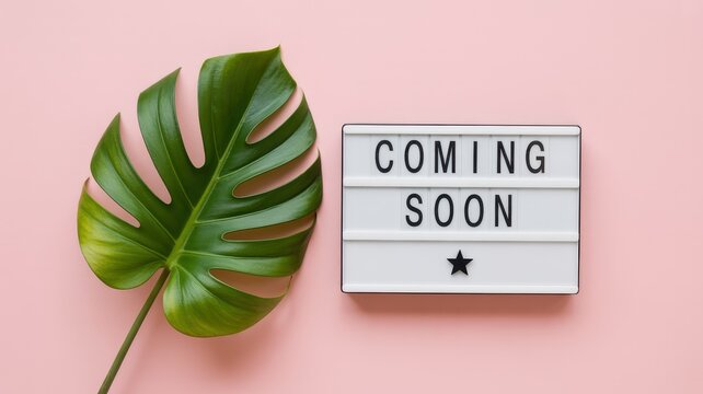 A light box displaying Coming Soon next to a monstera leaf on a pink background. Perfect flat lay concept for marketing campaigns.