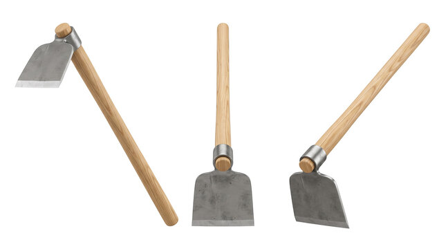 Three garden hoes product rendering, mockup isolated on transparent background, Tools & Equipment