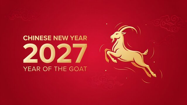 Chinese new year 2027 year of the goat greeting card design with a golden jumping goat illustration on a red background with traditional clouds