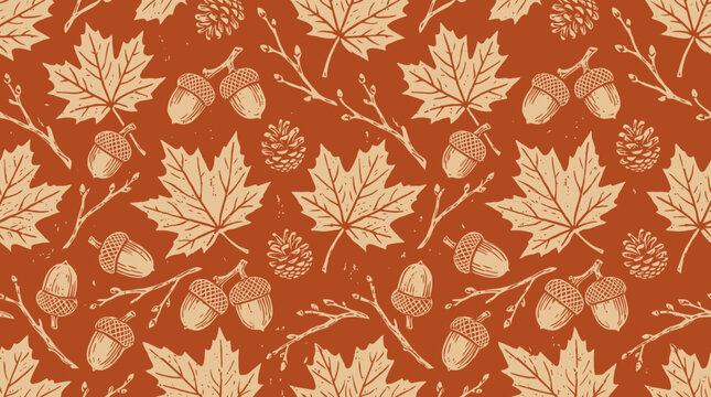 Autumn Leaves and Acorns Pattern on Rust Background