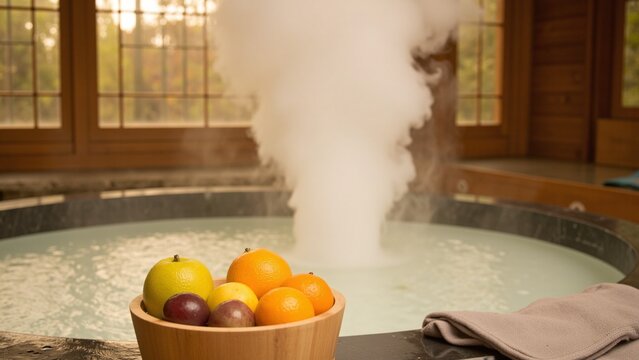 Relaxing Japanese Onsen Scene With Yuzu and Fruits