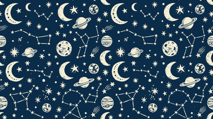 Cosmos Pattern with Moon Stars Planets and Constellations © Maftuh