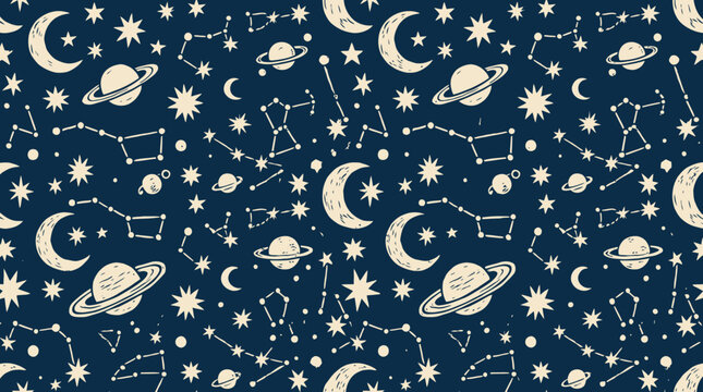 Cosmic pattern with moons planets stars and constellations