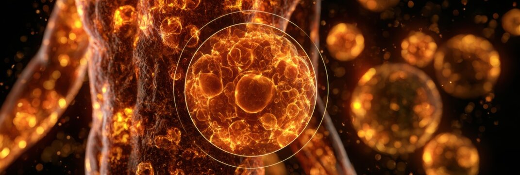 A human form glows with health while showing active autophagy within cells.