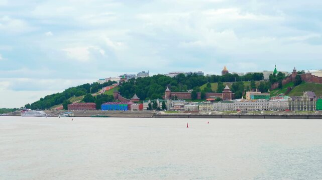 Nizhny Novgorod, Russia. Panorama of the Embankment and the Kremlin walls. Cable car, Volga river