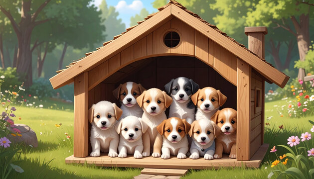 Adorable puppies in a wooden doghouse summer garden