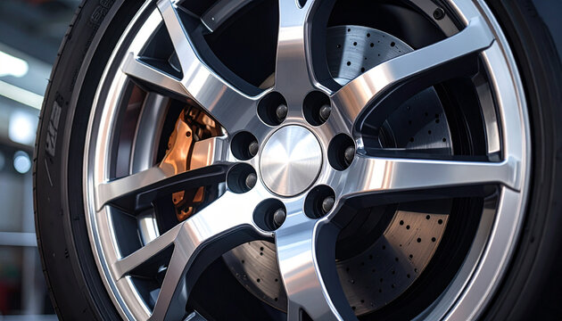 Close-up of a modern car wheel with brake system