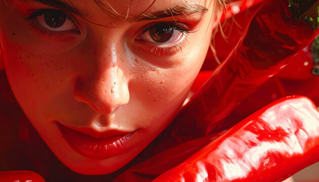 Close-up of young woman with peppers intense gaze