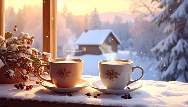 Cozy winter scene with steaming coffee cups by the window