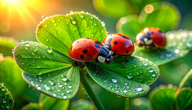 Ladybugs on wet clover leaves in sunlight