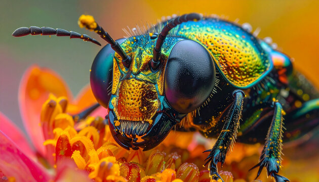 Iridescent Cuckoo Wasp on a Zinnia Flower Macro