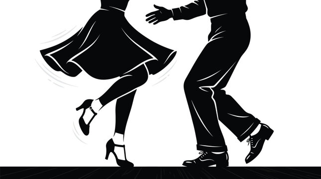 Elegant couple performing lively swing dance moves in this creative high contrast black white vector illustration