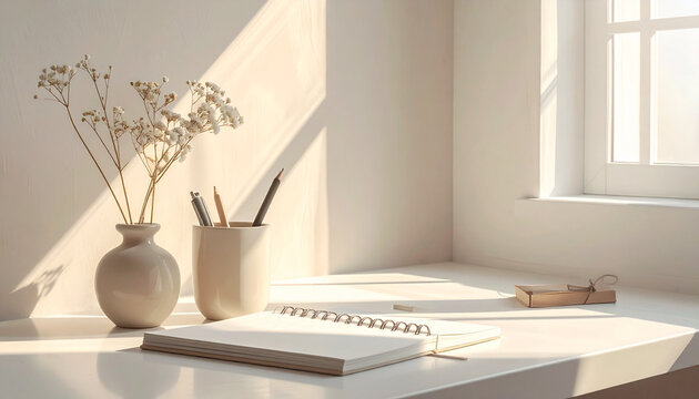 Minimalist desk with dried flowers and notebook