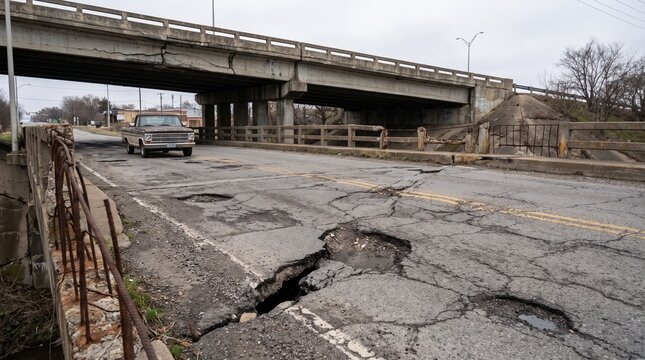 Damaged asphalt road with deep potholes and cracks under a concrete overpass bridge