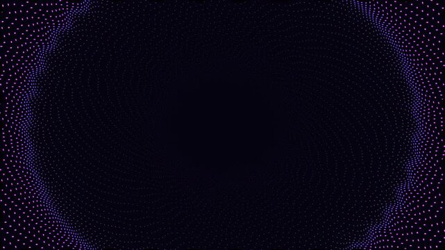 A mesmerizing abstract animation featuring flowing purple dotted wave patterns moving across a deep dark background, creating an elegant futuristic particle motion effect suitable for backgrounds