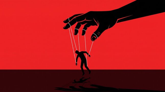 Large hand manipulating a small human figure like a marionette on a red background concept