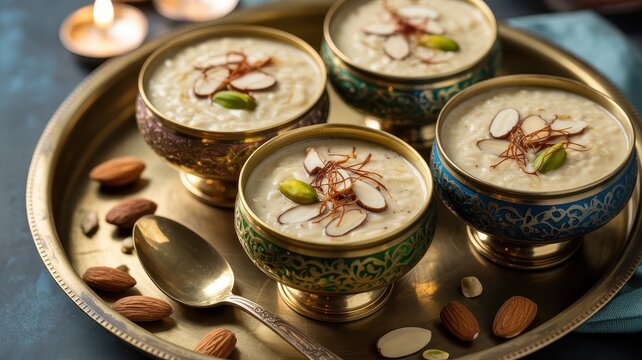 Traditional Indian rice pudding kheer in brass bowls for Diwali celebration. Festive dessert concept for cultural food.