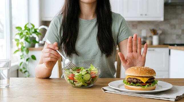 Healthy diet choice, woman refusing fast food burger, eating fresh green salad