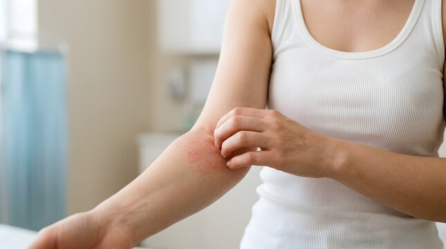 Itchy skin rash on woman's arm, allergic reaction, dermatitis eczema symptoms