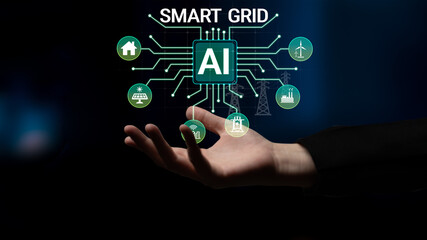 Obraz premium Hand Reaching Out to Smart Grid Concept with AI Technology and Various Energy Icons Representing Future Innovation and Sustainable Development Haptic.
