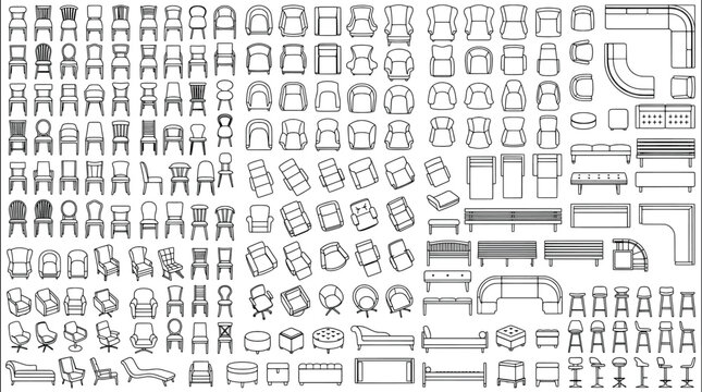 Set of furniture icons for interior design, top view, chairs, armchairs, sofas, stools, benches, vector illustration