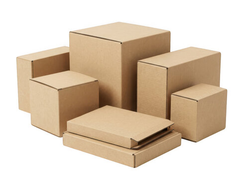 Assorted cardboard boxes in various sizes and shapes isolated on a transparent background