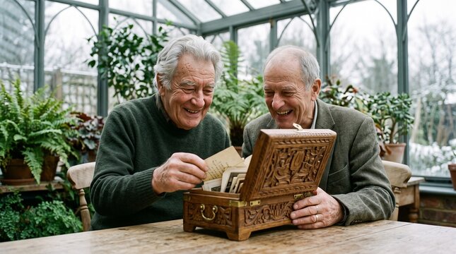 Two elderly men happily reminiscing over old photographs and letters from a carved wooden keepsake box in a conservatory winter gift exchange
