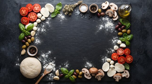 Fresh pizza ingredients arranged as a square frame on a dark rustic stone background with copy space