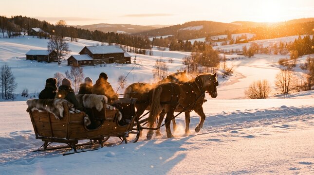 Horse drawn sleigh ride through snowy winter valley at golden hour