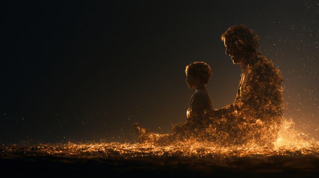 Silhouettes of a grandparent and child sit together against a dark background sharing a warm storytelling moment filled with connection.