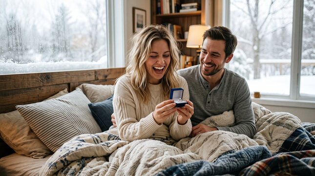 Joyful woman reacts to engagement ring proposal from smiling man in cozy bedroom with snowy winter view winter gift exchange