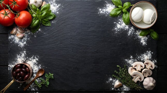 Fresh pizza ingredients including tomatoes basil mozzarella mushrooms and garlic arranged on a dark rustic wooden background