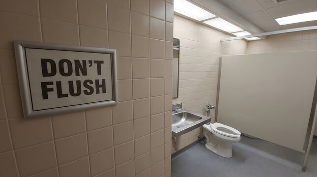 A public restroom with a clear don't flush sign mounted on the beige tiled wall near a stall and sink