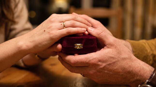Couple holding a velvet ring box, symbolizing proposal and commitment, with a gold wedding band visible winter gift exchange