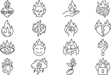 Obraz premium Heart, mind, and emotion fire symbols outline collection for spiritual and creative designs.