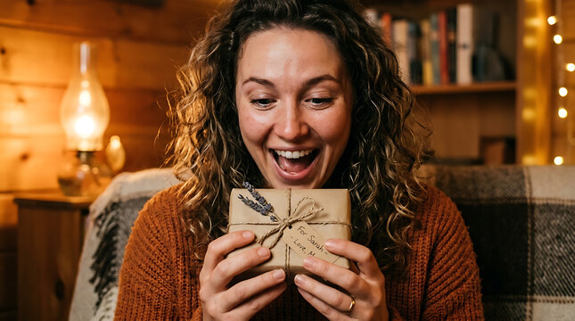 Surprised woman with curly hair holding a gift box with a tag that says For Sarah Love M winter gift exchange