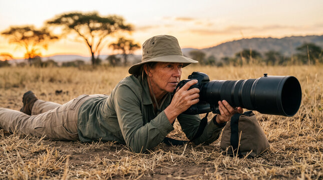 Wildlife photographer lying on the ground with camera at sunset  