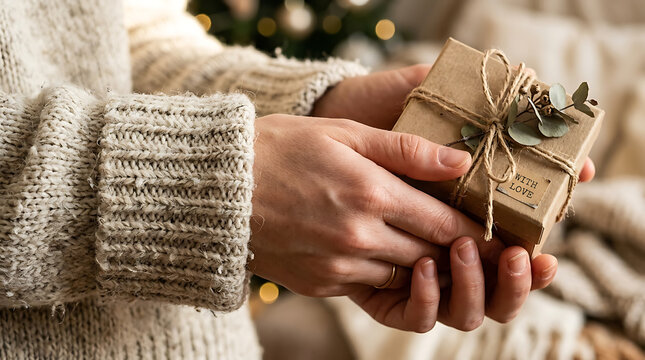 Hands holding a small gift box wrapped in twine and decorated with eucalyptus leaves, with a label that says With Love winter gift exchange